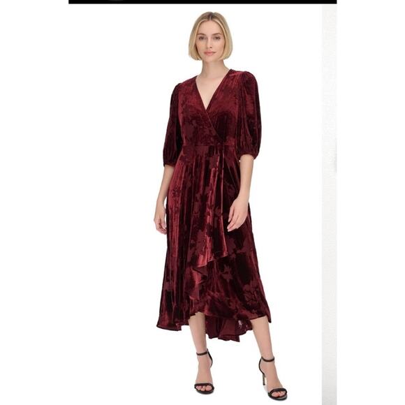 Calvin Klein Women’s Velvet Floral Burnout Faux Wrap Midi Dress Maroon 16 Party - Picture 2 of 14